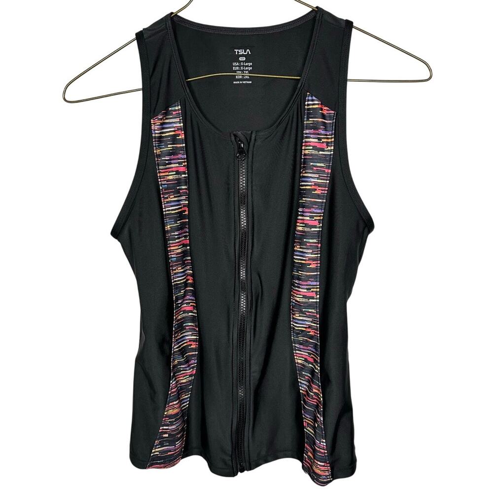 TSLA Black Multi Color Front Zipper Closure Hidden Cami Scoop Neck Top Womens XL